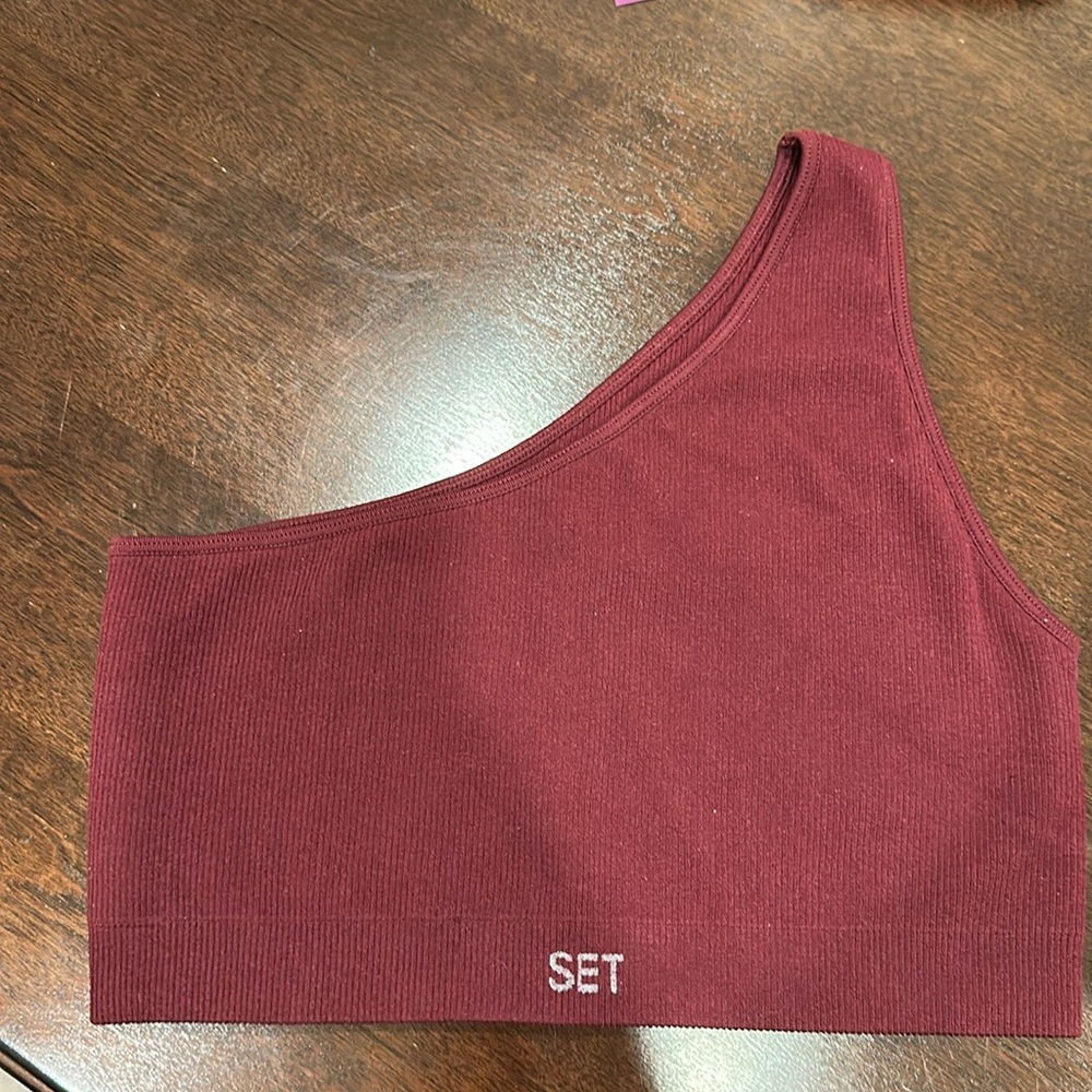 Set Active Sculptflex Ribbed One Shoulder Bra- Maroon Bells. Like New